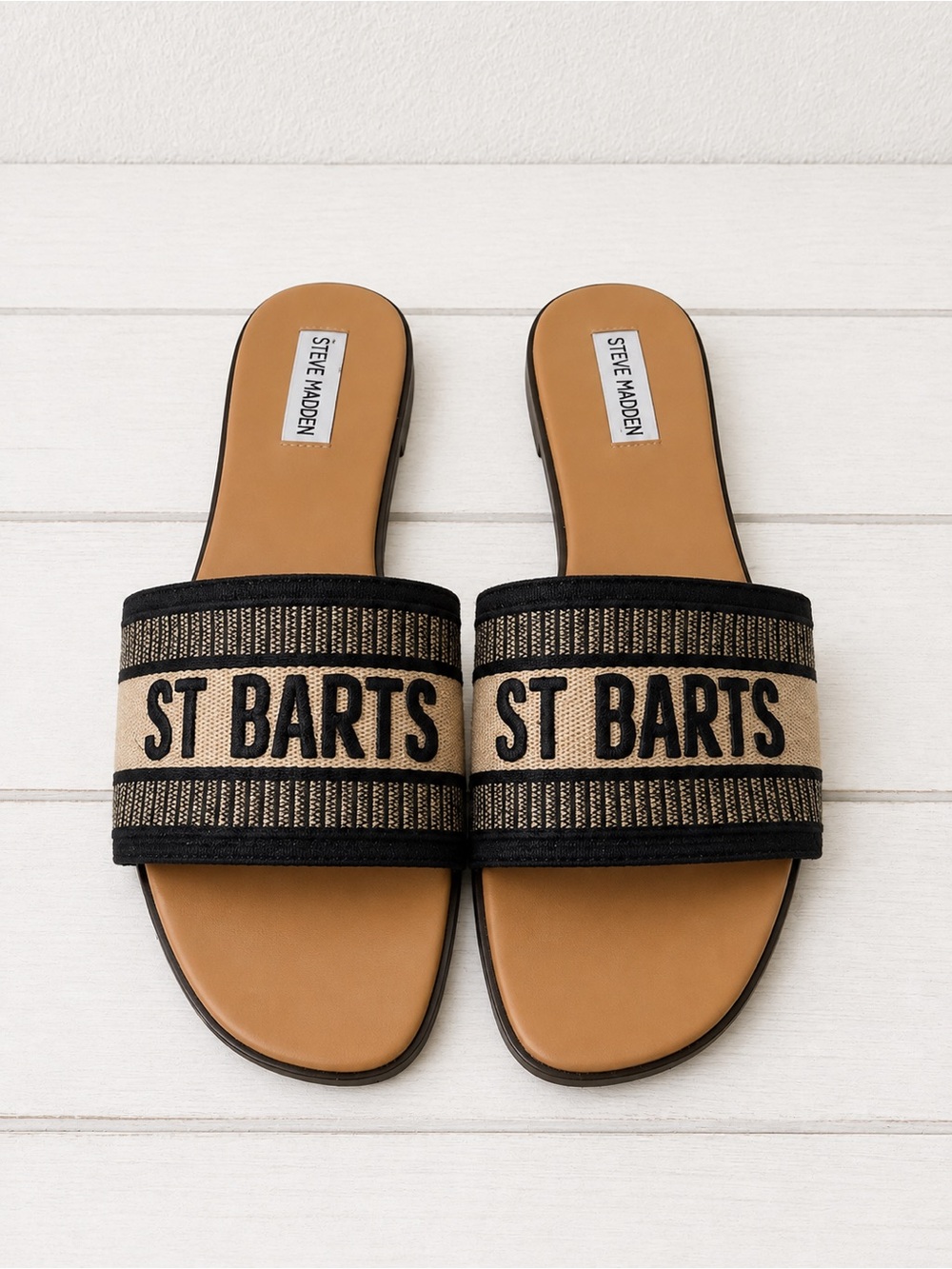 Steve Madden Black/Tan St Barts Slip-On Slide Travel Resort Sandals Size 9.5